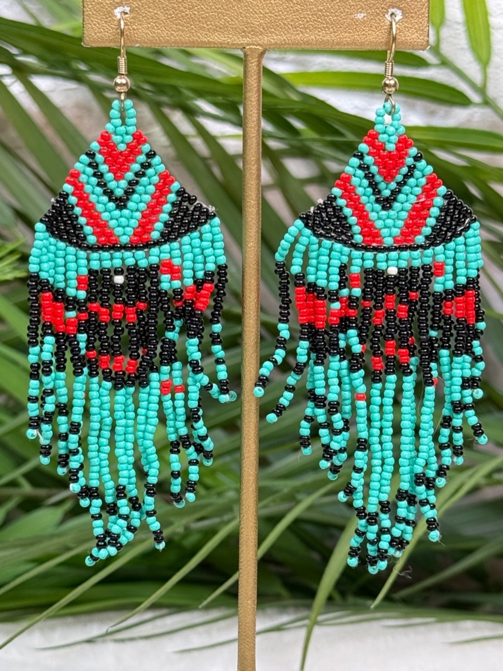Turquoise & Black Beaded Fringe Earrings with Red Accents